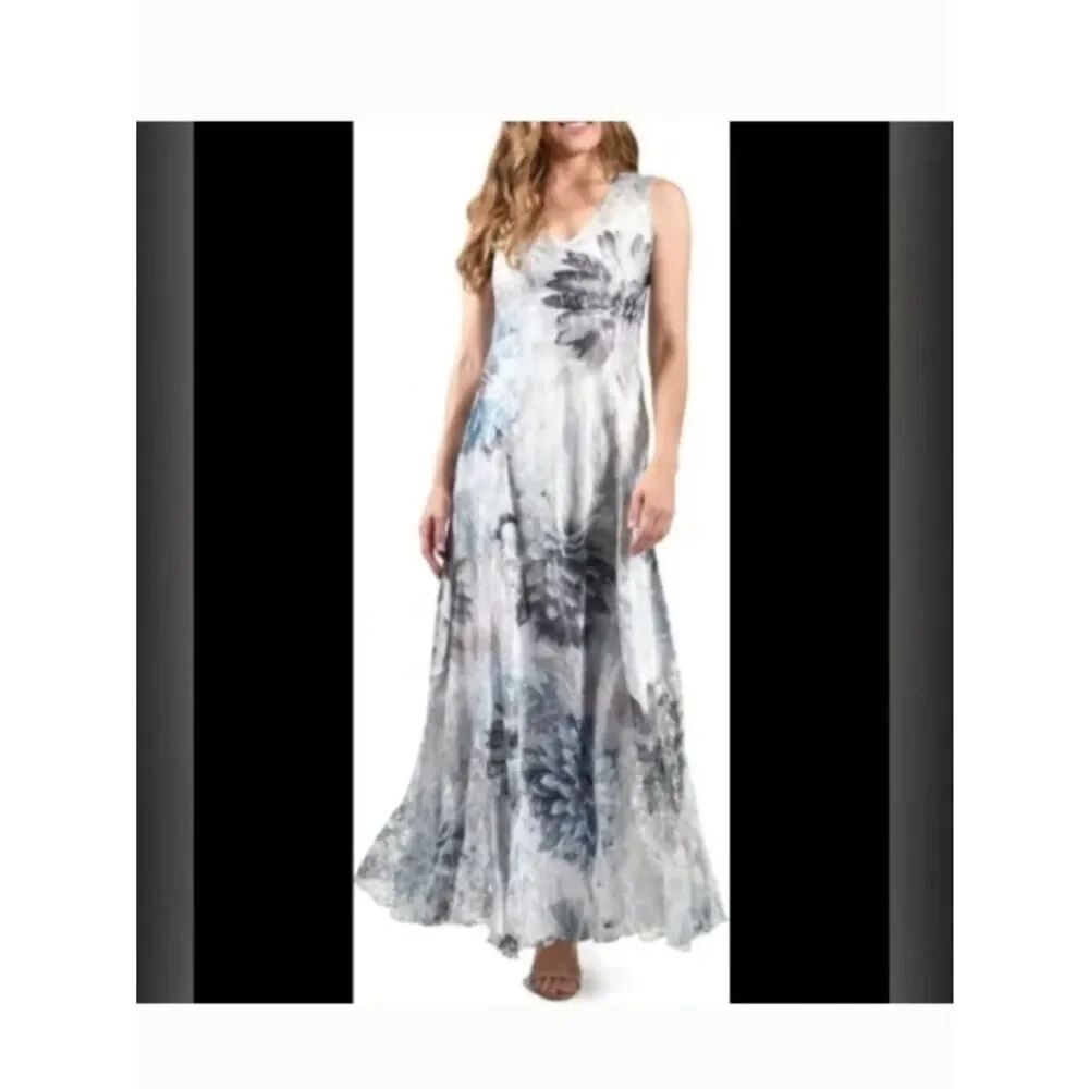 NWOT KOMAROV ‘Fountain Bloom’ Sleeveless Floral V-Neck Maxi Dress Teal Gray L